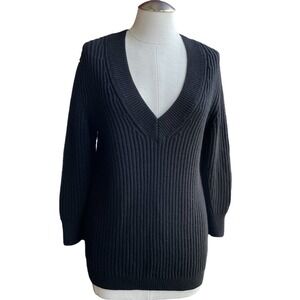 Babaton Women's Sweater 2XS Black Merino Wool V-Neck Ribbed Knit Tunic Top